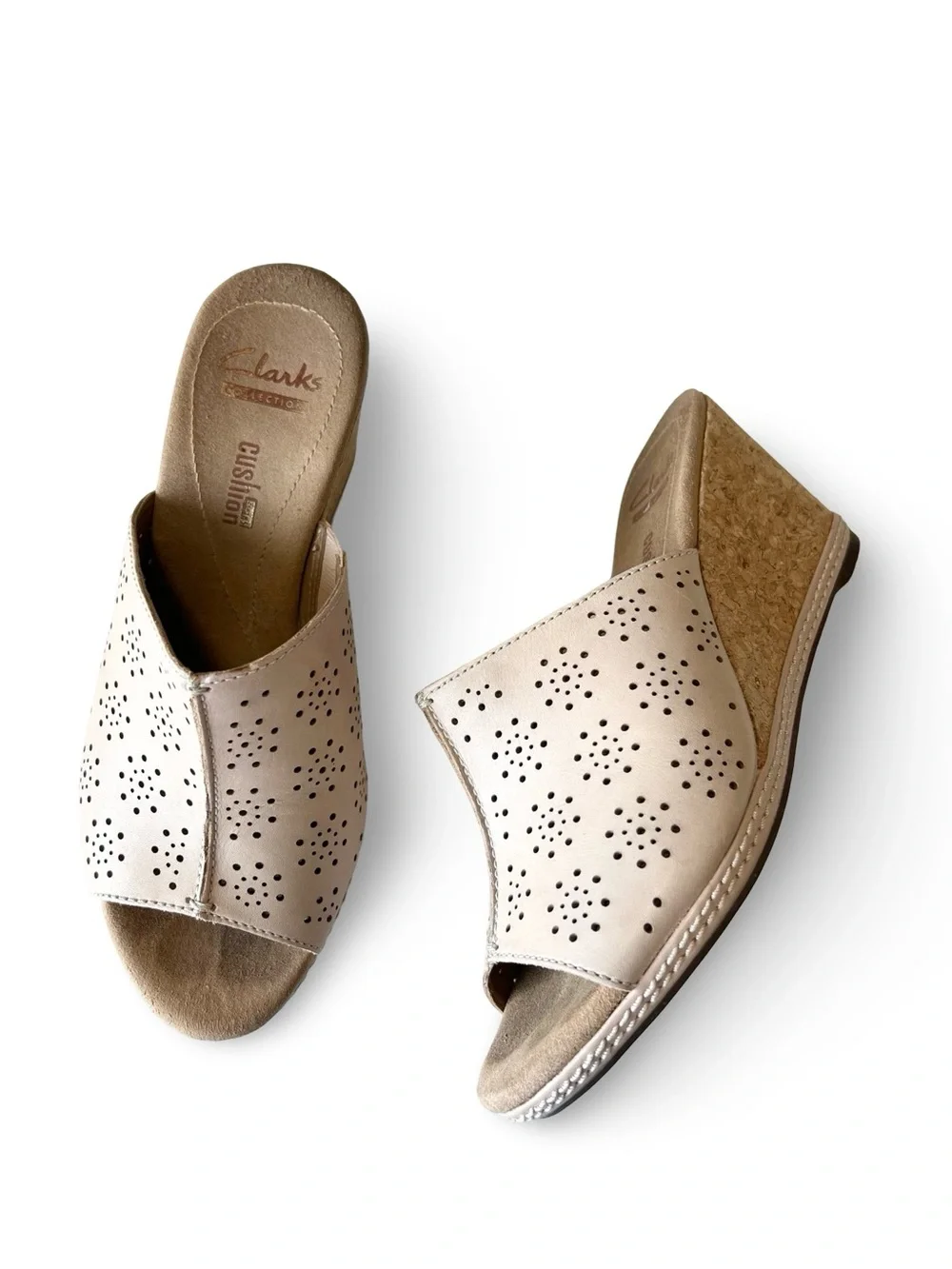 Clarks tan leather laser cut slip on cork wedges Size 6 Neutral Peep toe Summer